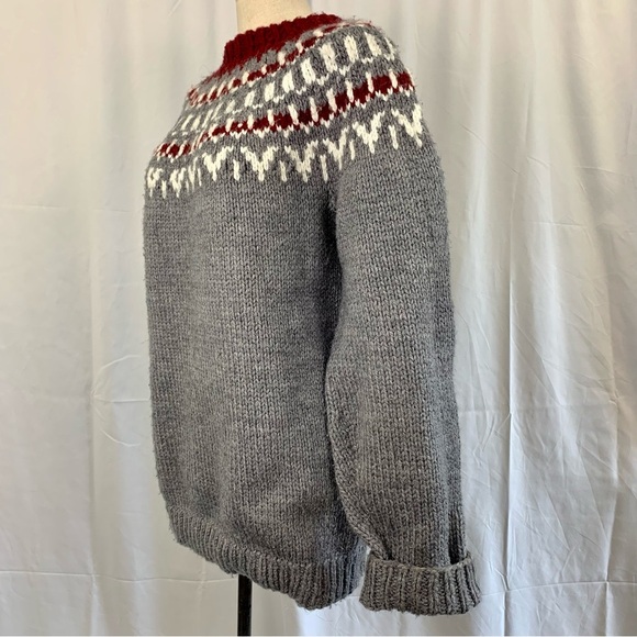Hand Knit Grey and Red Fair Isle Women's Knit Sweater - Picture 3 of 5